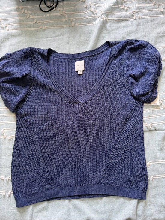Maeve Sweaters - Maeve Navy V-Neck Puff Sleeve Knit Top